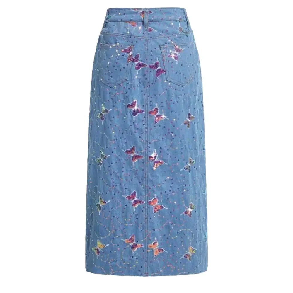 SHEIN MOD Butterfly Sequin Split Thigh Denim Skirt - Size 28-Y2K